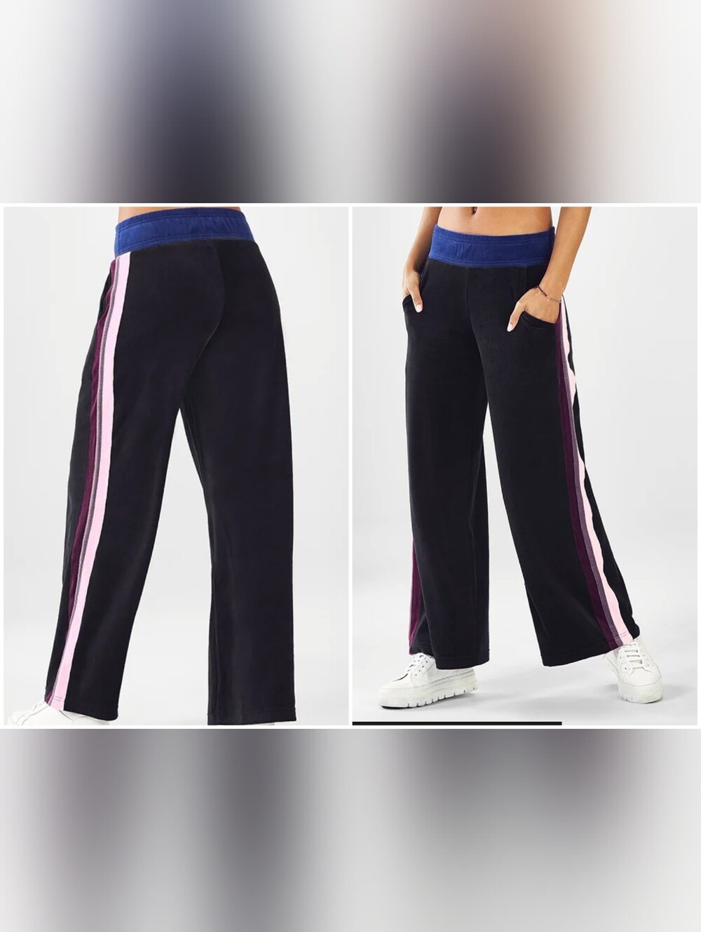 Fabletics velour wide leg Black Purple Side Stripe Edith sweatpant BLACK MEDIUM